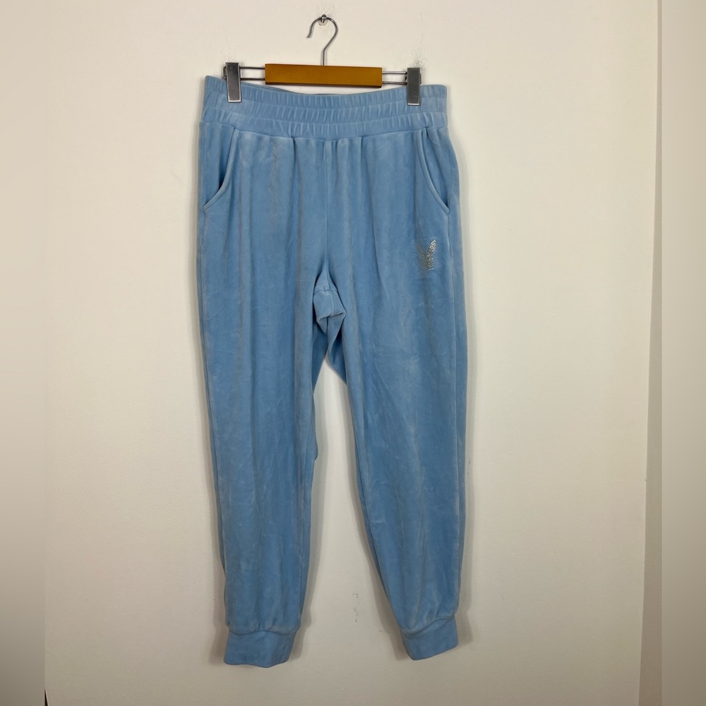 Playboy Embellished Baby Blue Velour Track Pants‎ Sz L